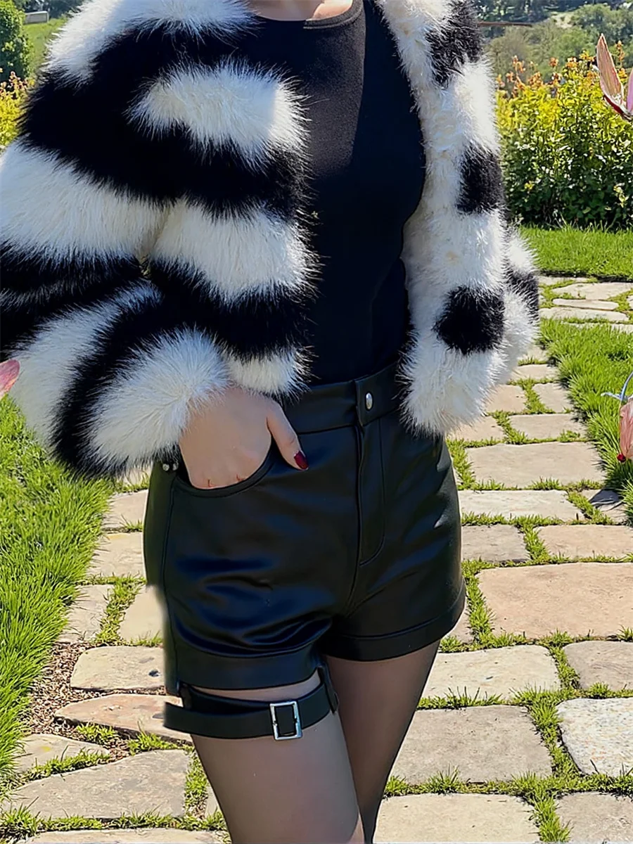 

Шорты женские с высокой талией, матовая кожа, с карманами спереди, винтажные, Fly Mujer, шикарные, офисные, женские, удобные с поясом