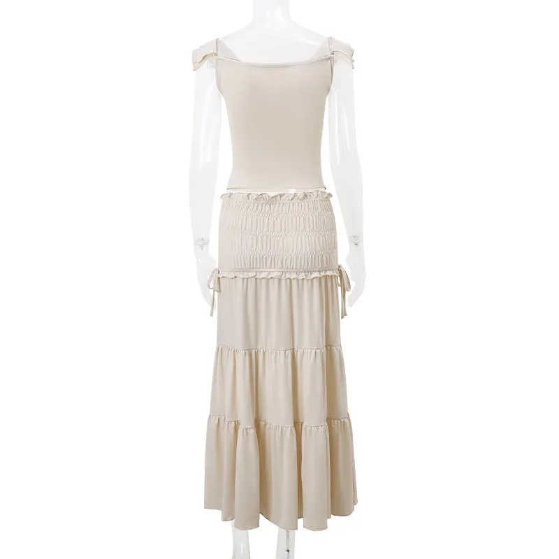 2024 Summer Elegant Vacation French 2 Piece Set Women Sexy V Neck Sleeveless Crop Top Pleated Patchwork Ruffles Skirt Streetwear