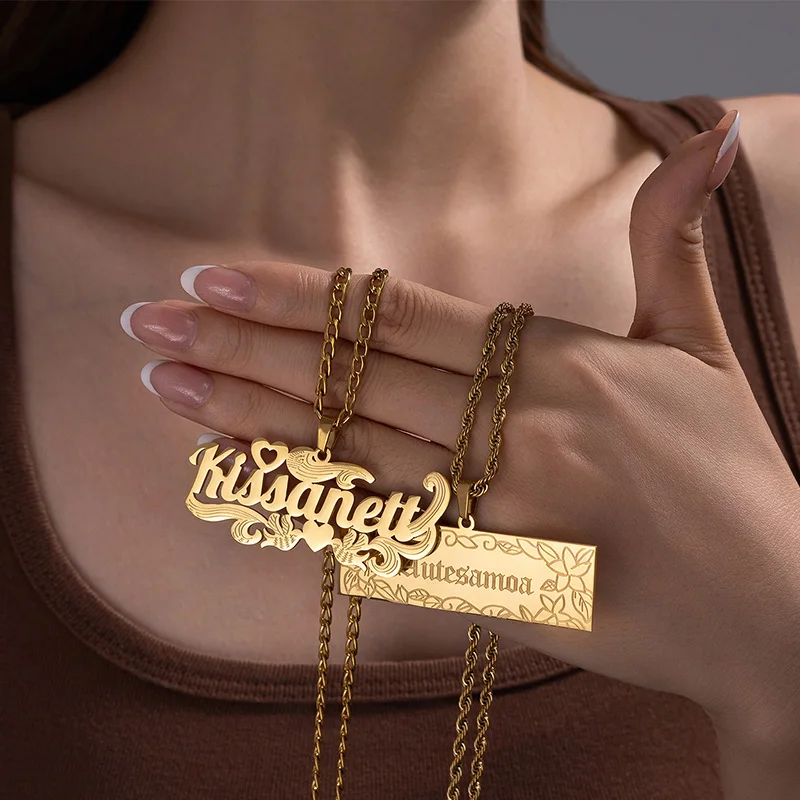 

Auxauxme Personalized Flower Name Necklace for Women Stainless Steel Custom Carve Text Logo Dove of Peace Pendant Collar Jewely