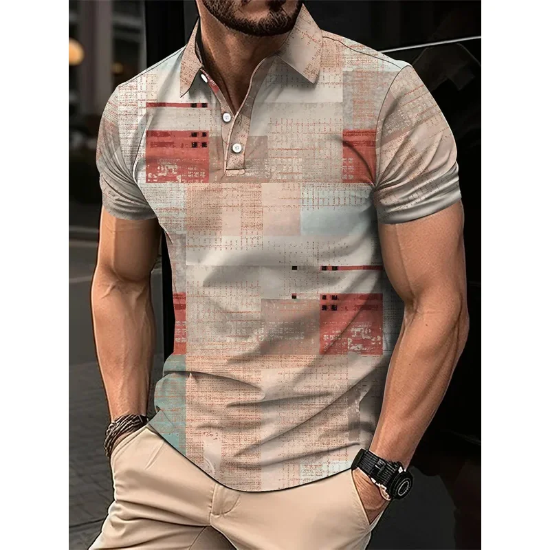 

Elegant Fashion Harajuku slim fit ropa hombre loose casual all match lattice polo shirt printed button short sleeve T-shirts