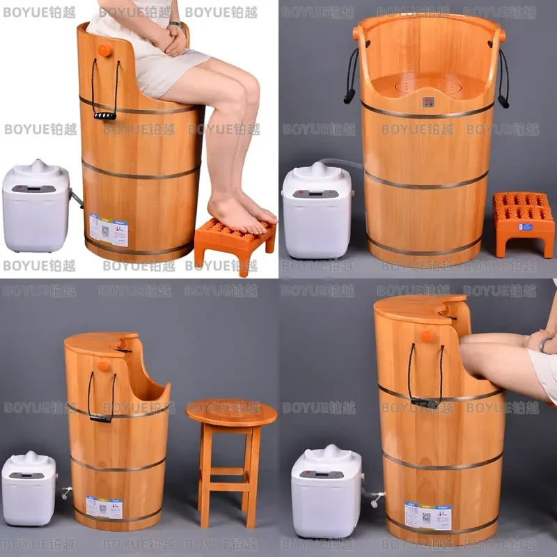 Wooden Steam Sauna Bucket with Stool Full Body Sweat Steaming Barrel Foot Bath Spa Kit for Men and Women Home Wellness