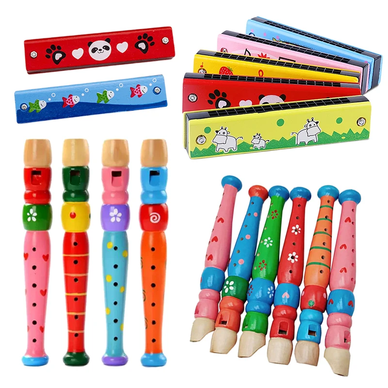 Wooden Cartoon Piccolo & Harmonica Children 6-Hole Flute 16-Hole Harmonica Toys Musical Instrument Toys Early Music Education