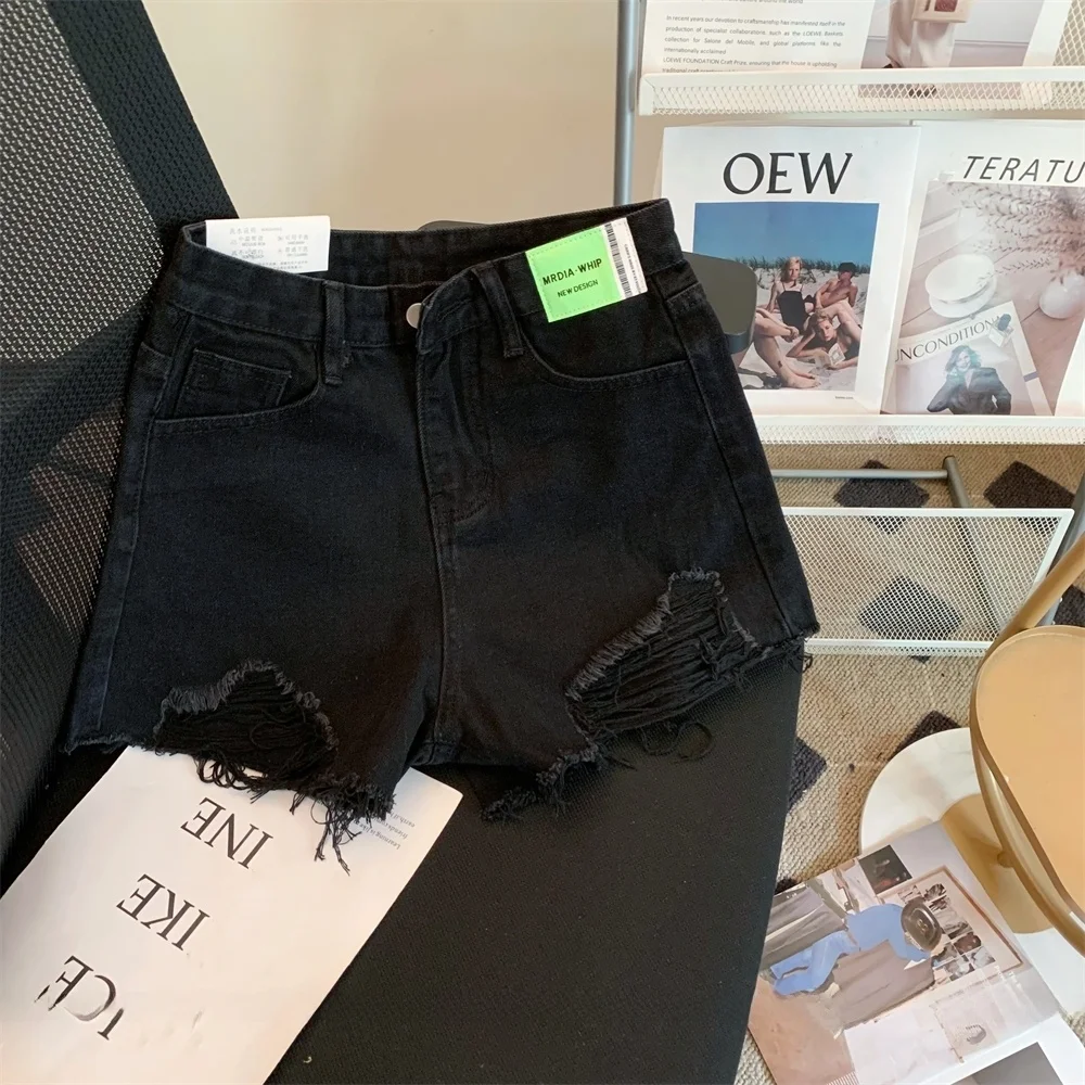 

High Waist Torn Denim Shorts Women's Summer Design Loose Slimming Hot Pants Flared Cotton Blend No Stretch Student Fashion