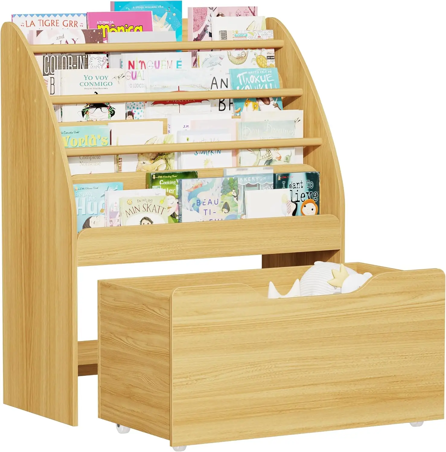 Natural 4 Tier Toddler Bookshelf Toy Storage Organizer Sturdy Front Display Rolling Bin Easy Assembly Nursery Playroom Classroom