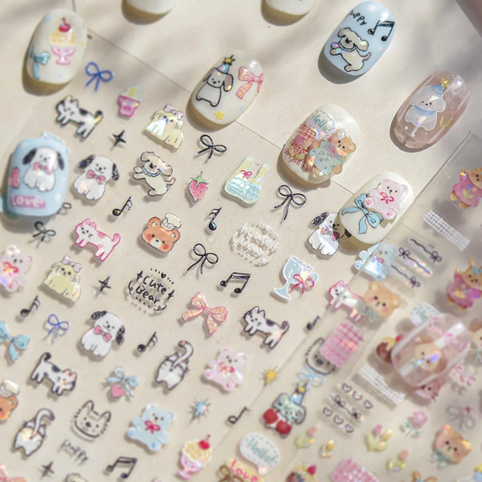 Graffiti ours chat chaton chien chiot nœud papillon gâteau tulipe Note étoile cerise tasse adhésif Nail Art décoration autocollant manucure décalcomanies