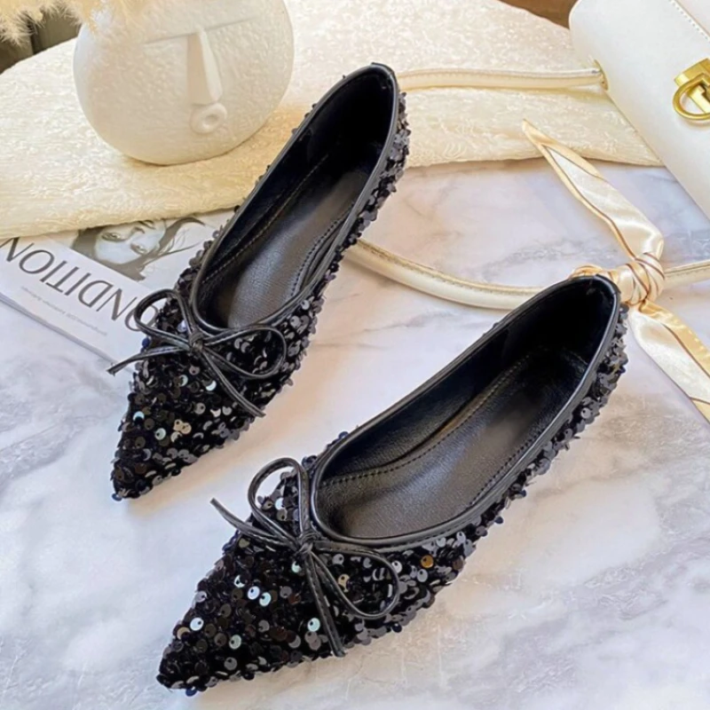 

Women's Fashion Ballet Flats Pointed Toe Sequin Bow Decorated Comfortable Soft Sole Versatile Daily Casual Shoes
