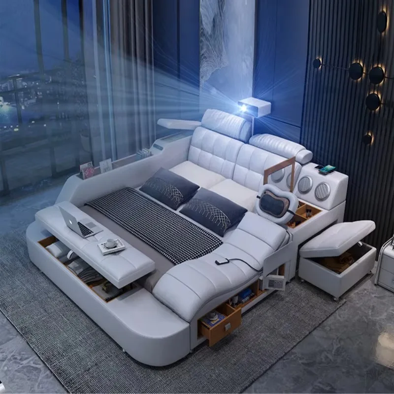 Reinforced leather smart bed - multi-functional bed with large platform, soft cushion, fabric upholstery and storage function