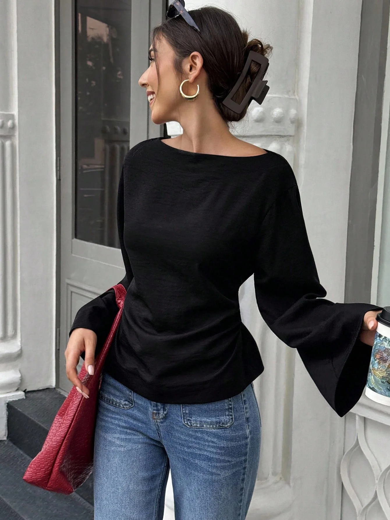 

Black shirts for European and American foreign trade, autumn flared long sleeved shirts, pullovers, women's clothing