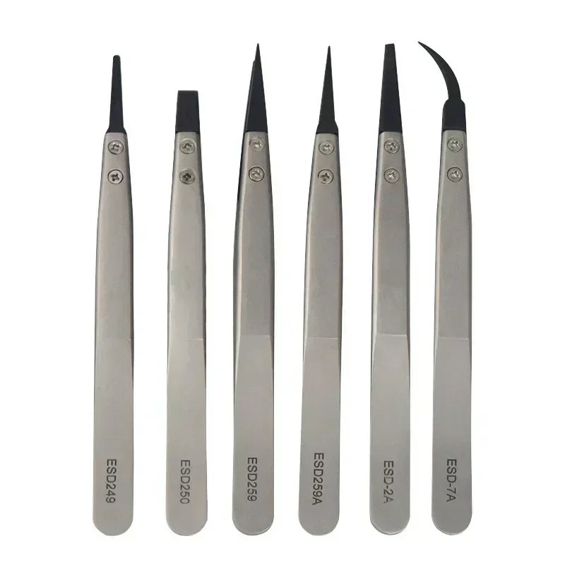 6PCS Watch Hands Installation Work Tweezers Straight Elbow Handle Stainless Antistatic Plastic Tweezers ESD-259 ESD-259A ESD-7A