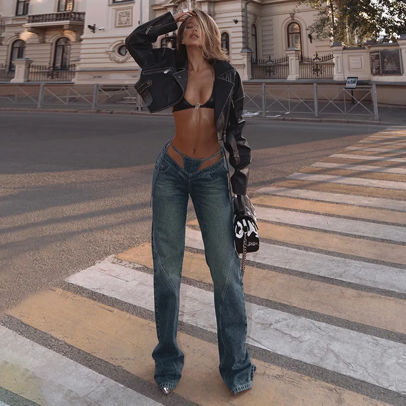 

Fashion V Waist Women Jeans Unique Patchwork Fake Two Piece Straight Denim Pants Streetwear Sexy Low Waist Trousers Hot