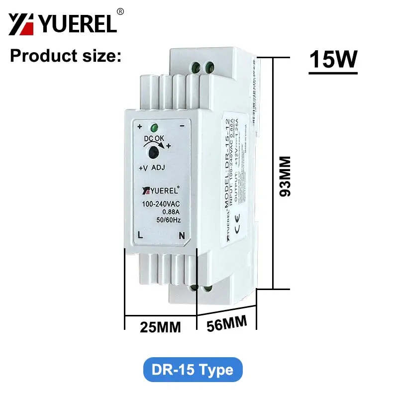 DR Series 15W 60W 100W Switching Power Supply 5V12V15V24V DIN-Rail Mounting Transformer