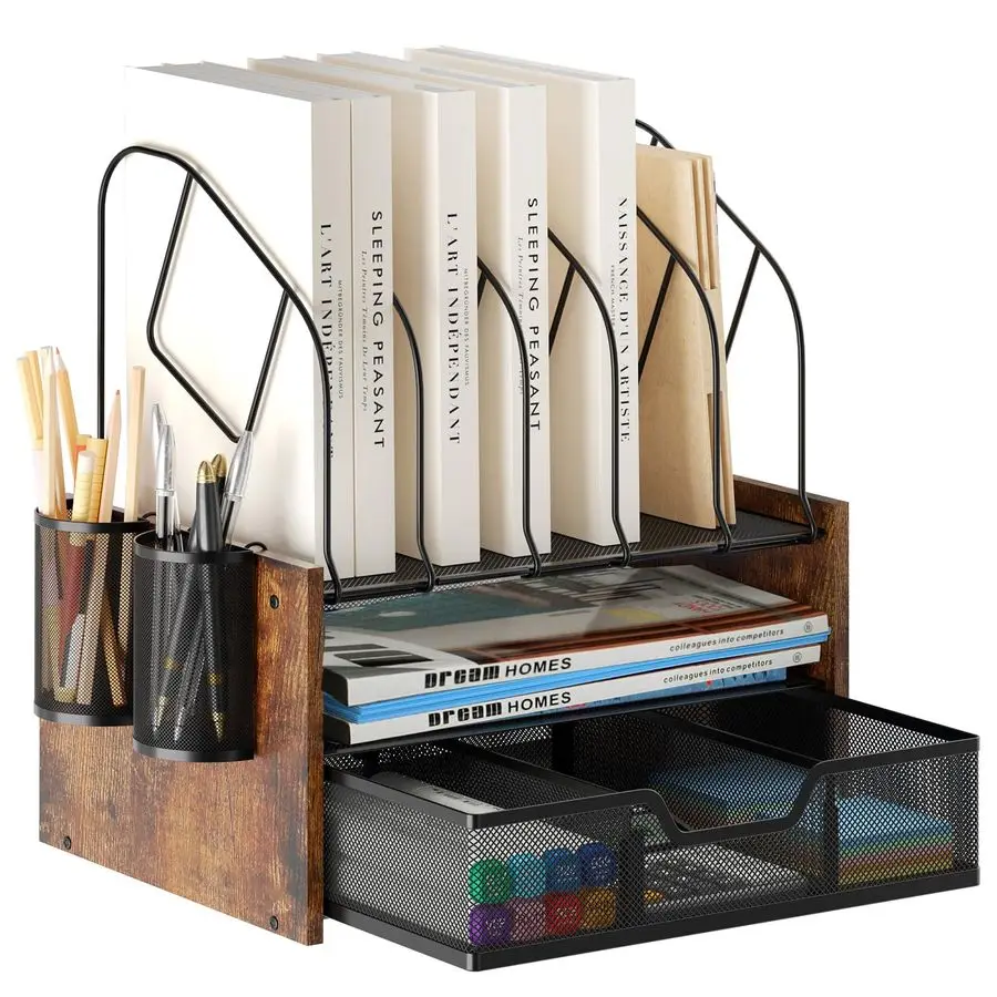 

Настольный органайзер для офиса: 2-уровневый деревянный лоток для бумаг с выдвижным ящиком, вертикальный держатель для файлов