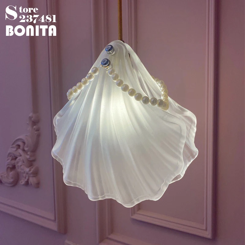 White Glass Shell Pearl Necklace Hanging Light Bedroom Dining Room Entrance Aisle Pendant Lamp French Simple Retro Pendant Light