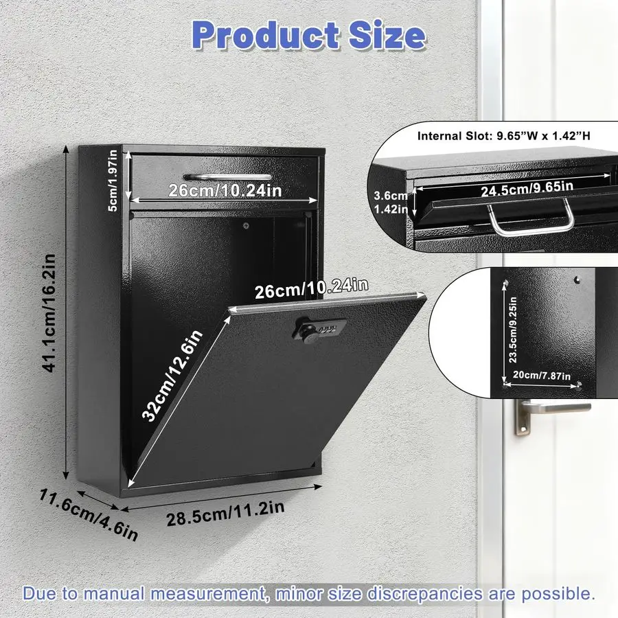 Kotak Surat Kombinasi Baja untuk Luar Ruangan, Kotak Surat Tempel Dinding dengan Kunci, Kotak Surat Pengaman dengan Kunci, Kotak Pengumpul Surat, 16.2T x 11.2L x