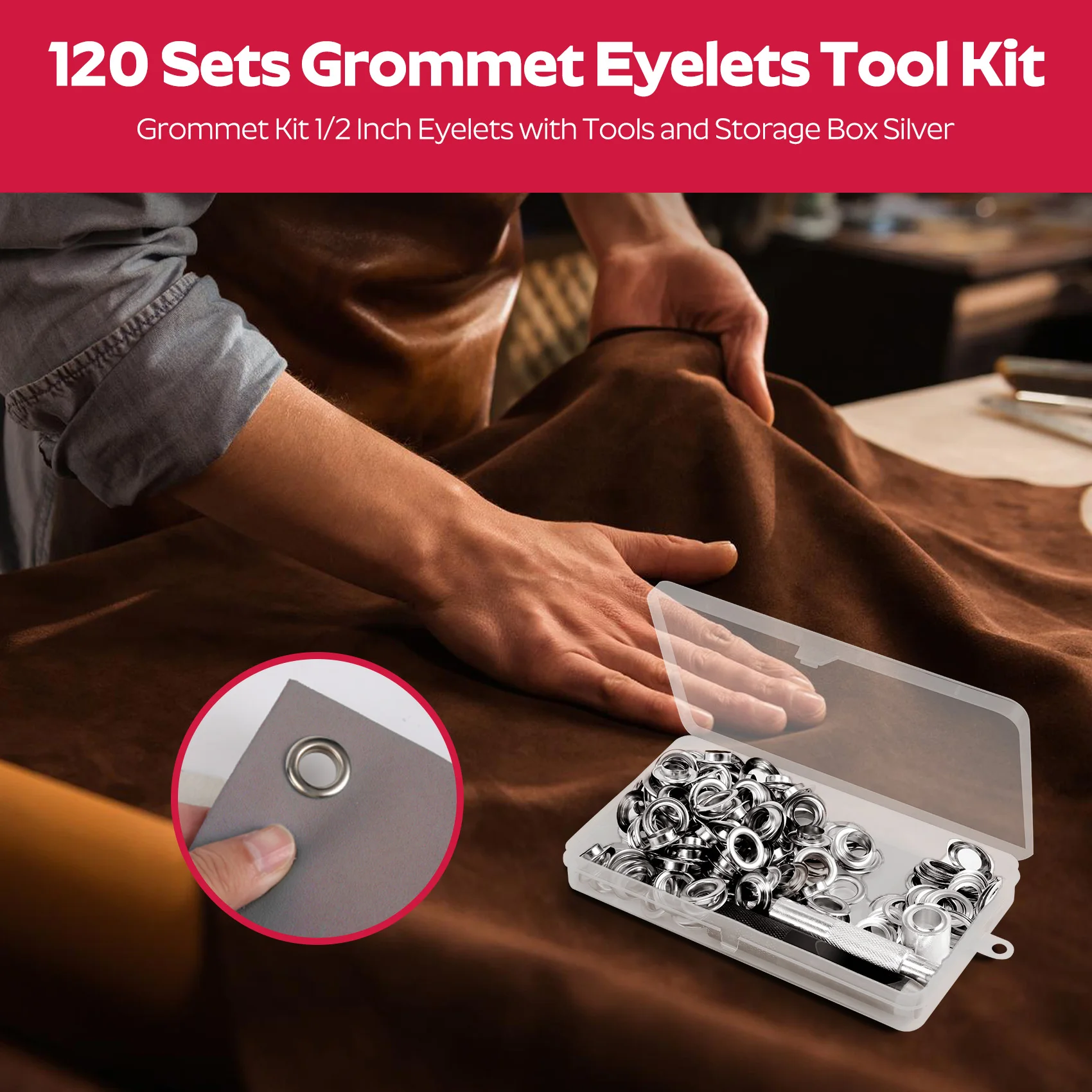 120 Sets Grommet Eyelets Tool Kit, Grommet Kit 1/2 Inch Eyelets with Tools and Storage Box Silver