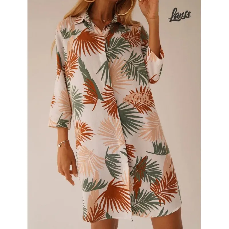 

Women's Slim Fit Floral Print Maxi Dress 3/4 Sleeve Button Front Wrap Tropical Print Summer Knee Length A-Line Dress