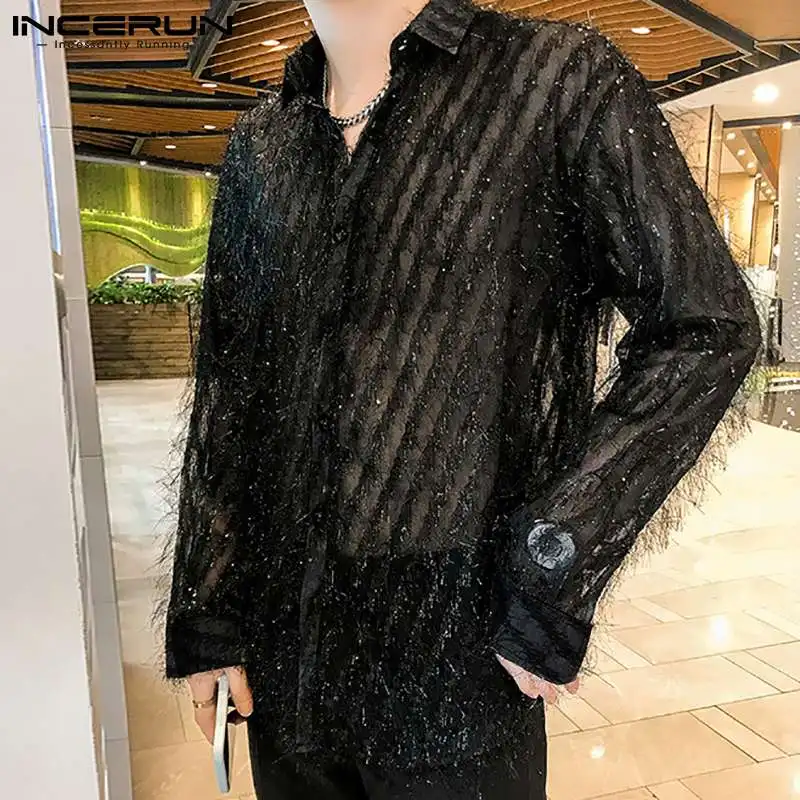 2024 Men\'s Shirt Mesh Transparent Striped Tassel Lapel Long Sleeve Casual Men Clothing Streetwear Party Fashion Shirts INCERUN