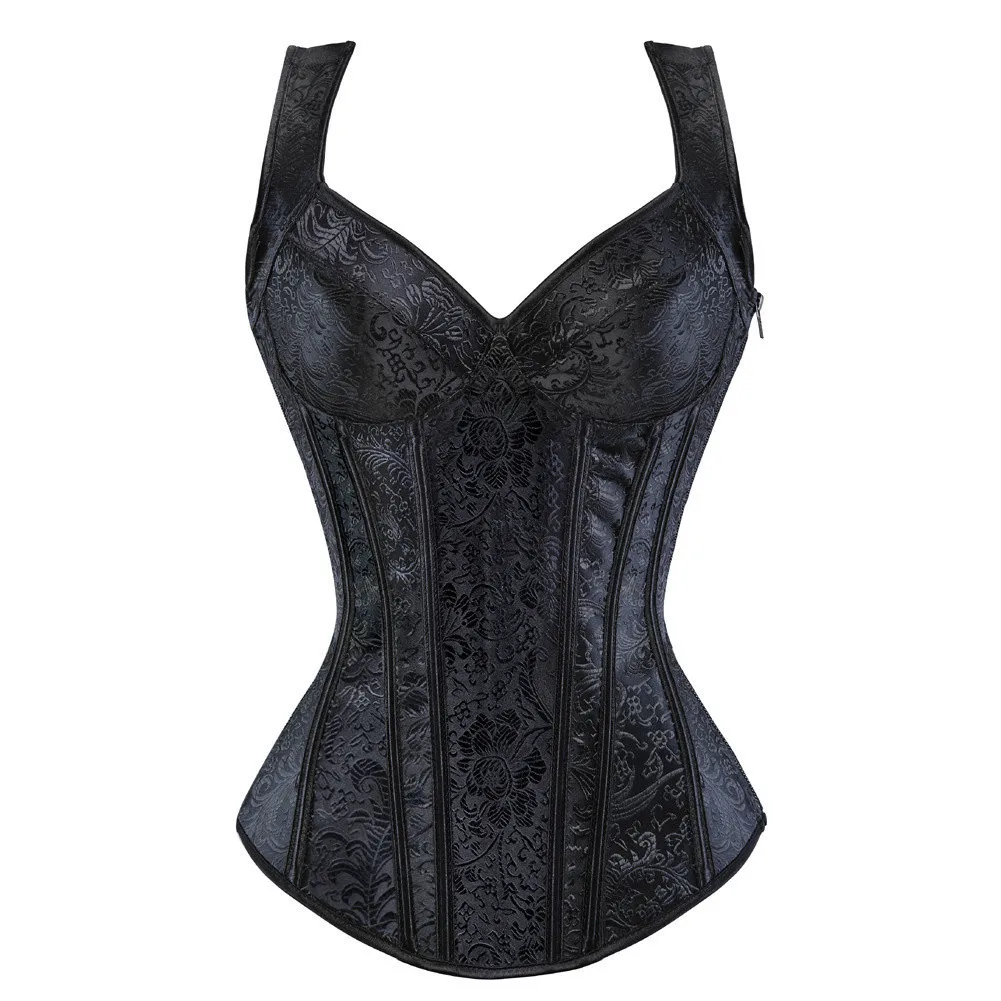 Vintage Jacquard Corset with Adjustable Shoulders, Side Zip Entry & Bust Support
