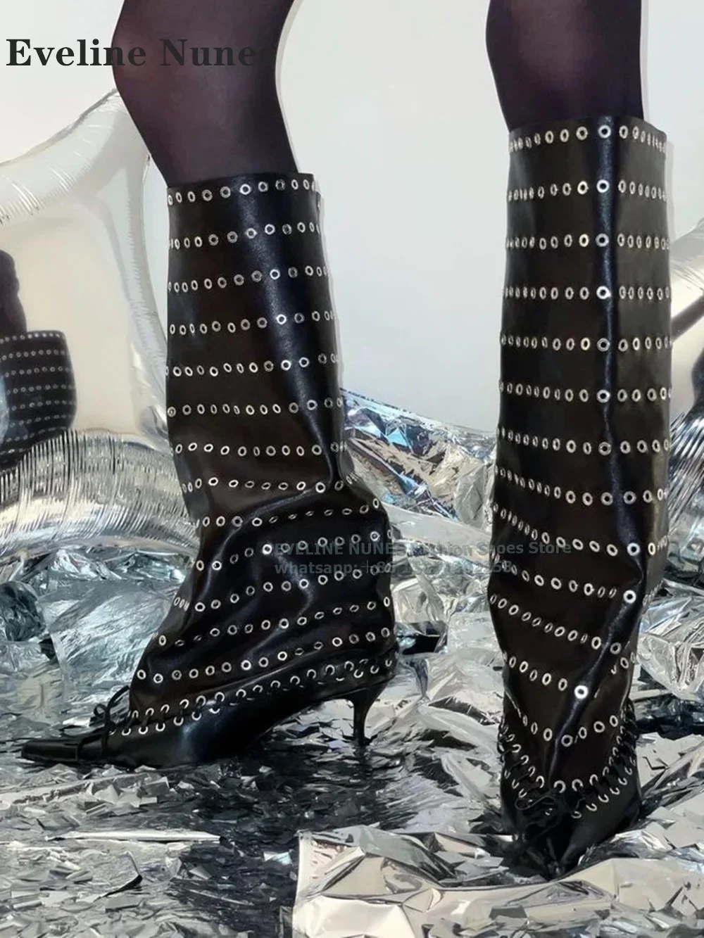 

Сапоги до колена с черными люверсами и строчкой, резиновые сапоги до колена с острым носком на каблуке «котенок», современные ботинки в уличном стиле с заклепками, 2024, новые поступления