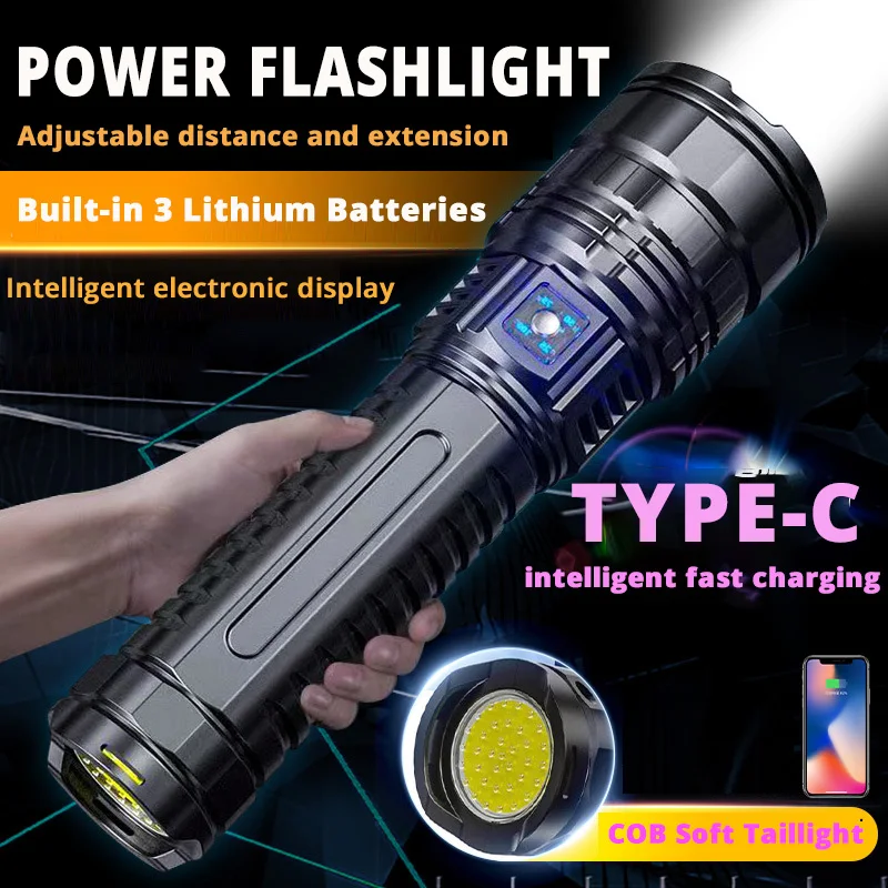 990000000LM LED Flashlight High Power Zoom Lantern USB 30000W Long Shot COB Torch Tactical Built-in Battery Emergency Spotlights