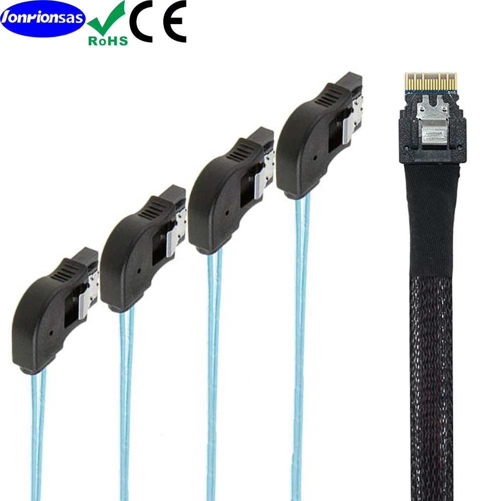 PCI-E 4.0 Slimline SFF-8654 4i 38Pin to 4 Right Angle SATA 7Pin Female Breakout Cable Internal Server Storage Data Cord