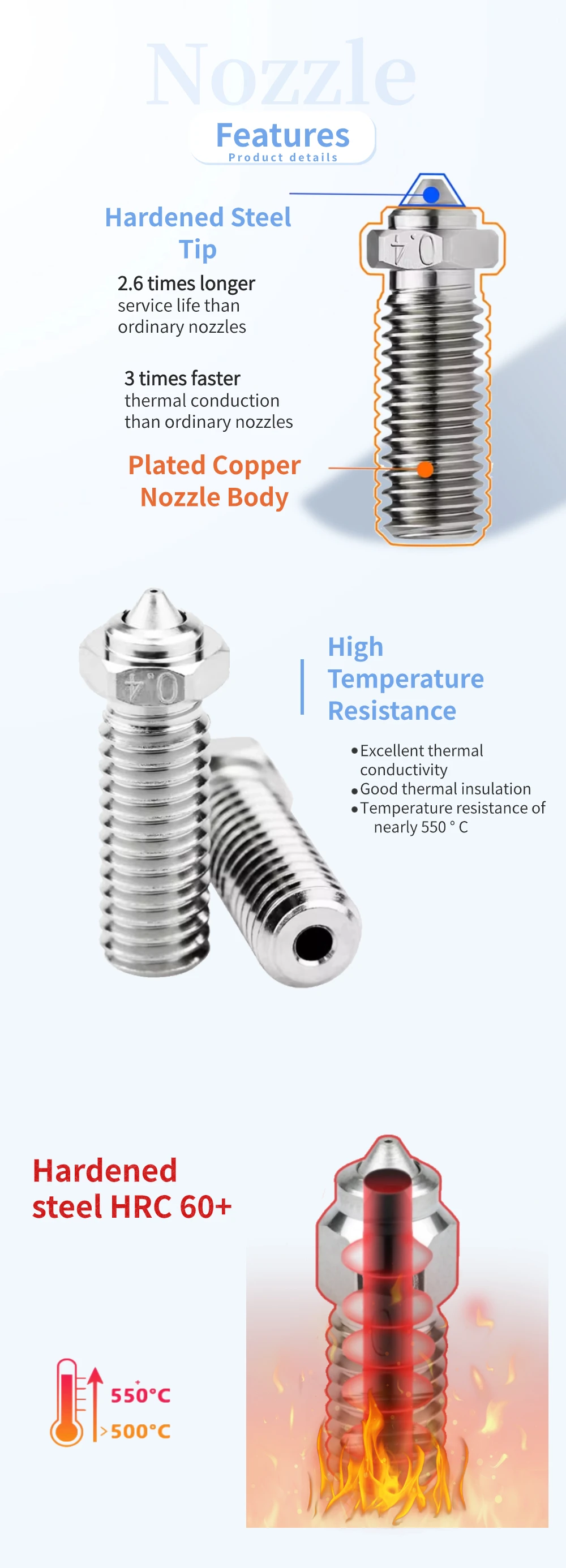 Doppel metall vulkan beschichtete kupfer düse solide gehärtete stahls pitze für anycubic vyper/kobra max/plus E3-D high flow 3d drucker – Detail 3