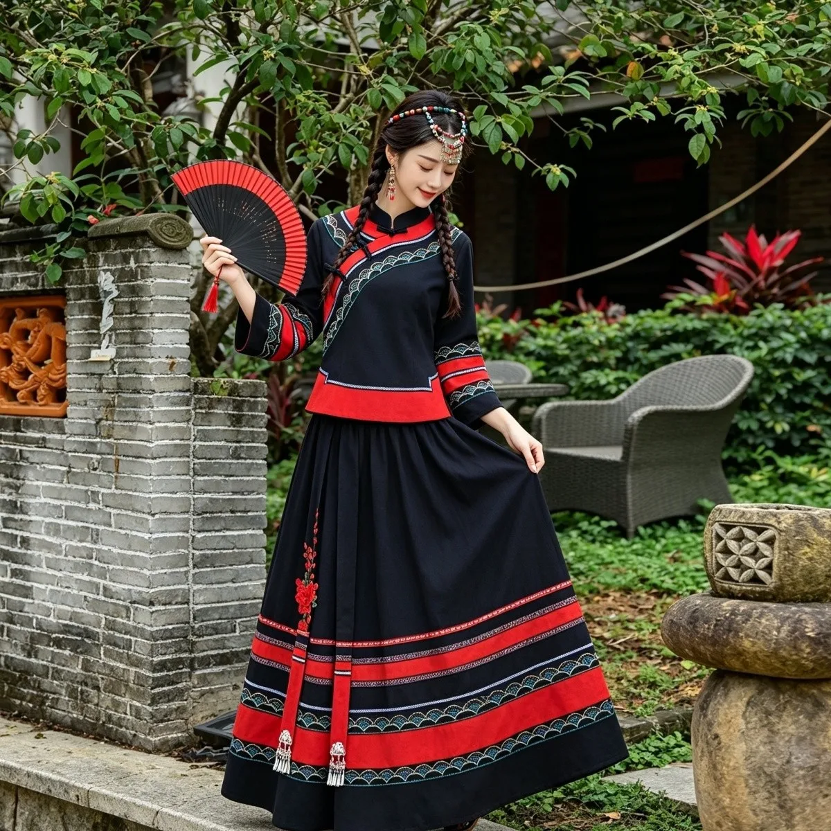 Retro Miao Ethnic Women's Embroidered Stand Collar Outfit Dong Dance Performance Long Skirt Daily Travel Photography Clothing