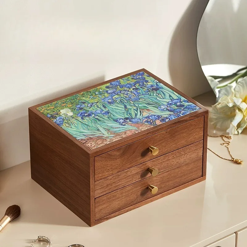 Wooden Jewelry Box with Oil Painting Artwork Delicate Premium Storage Case for Necklaces, Rings, Earrings, Elegant Organizer Box