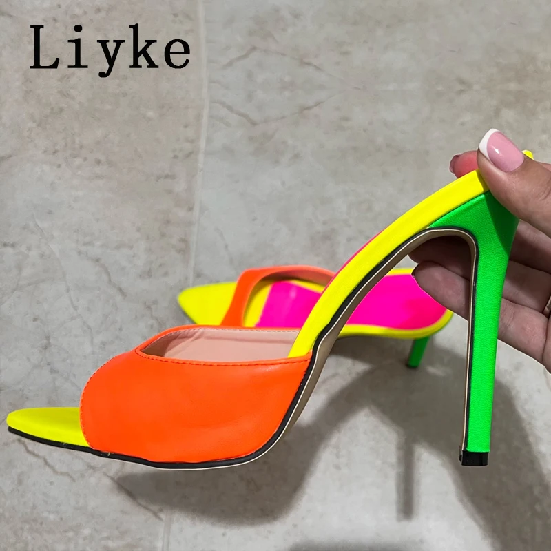 Liyke 2024 New Mixed Color Mules Women Pumps Slippers Fashion Party Dance Thin High Heels Gladiator Sandals Ladies Dress Shoes