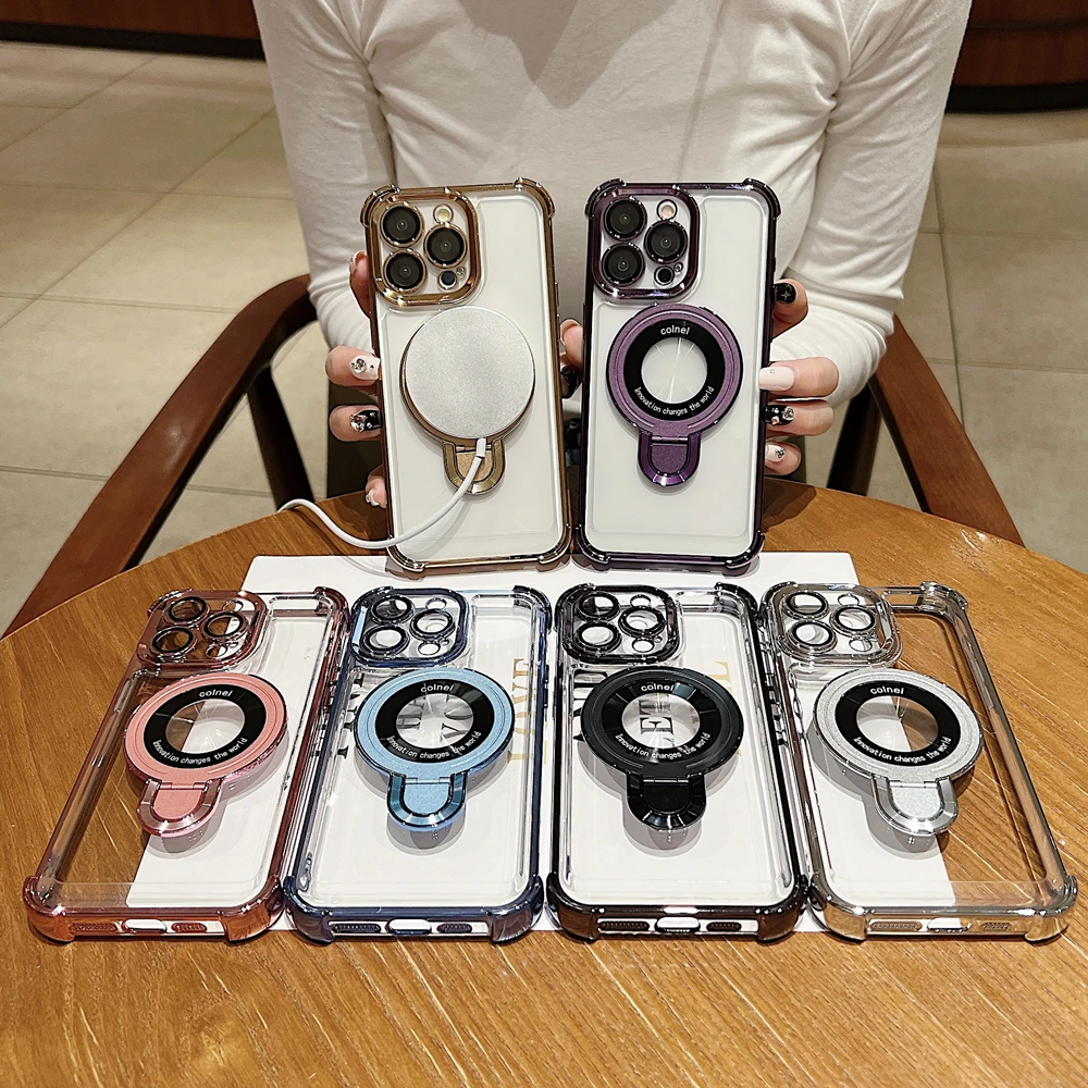 Moda chapeamento suporte magnético caso para iphone 17 16 15 14 13 12 pro max caso com suporte capa à prova de choque para magsafe