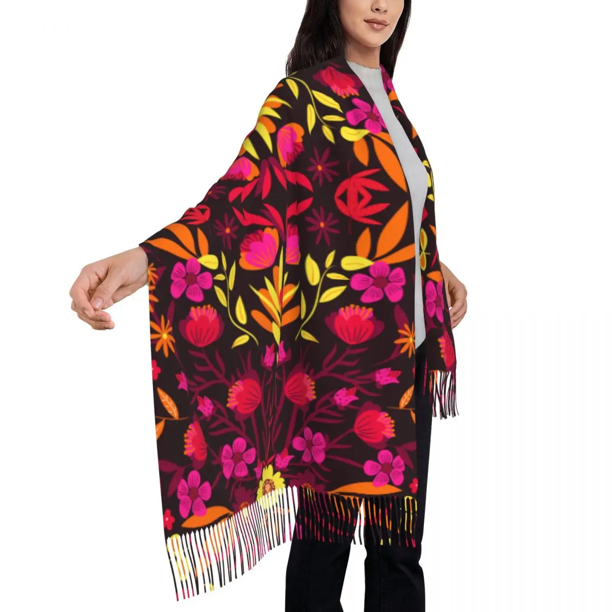 Personalized Printed Traditional Mexican Embroidery Long Pile Fringe Men Scarf Women'S Anti Chill Scarf