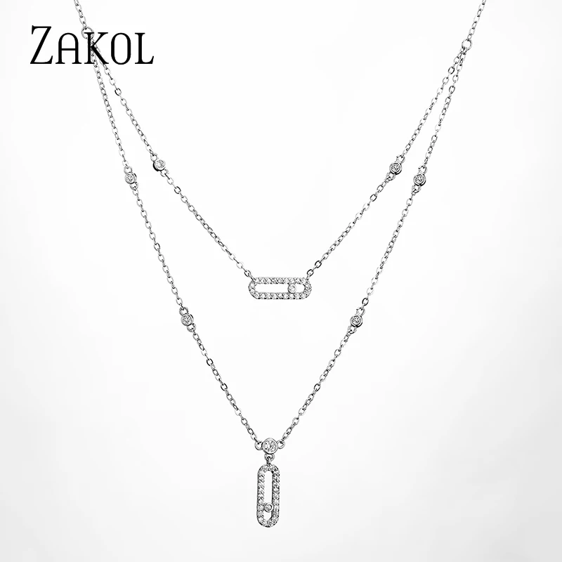 ZAKOL Fashion Sliver Color Cubic Zirconia Double Layer Chain Choker Necklaces for Women Trendy Wedding Engagement Jewelry