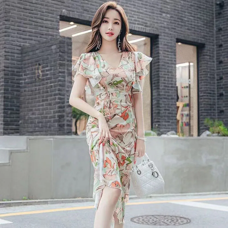 

2024 new summer fresh waist cinched chiffon floral dress