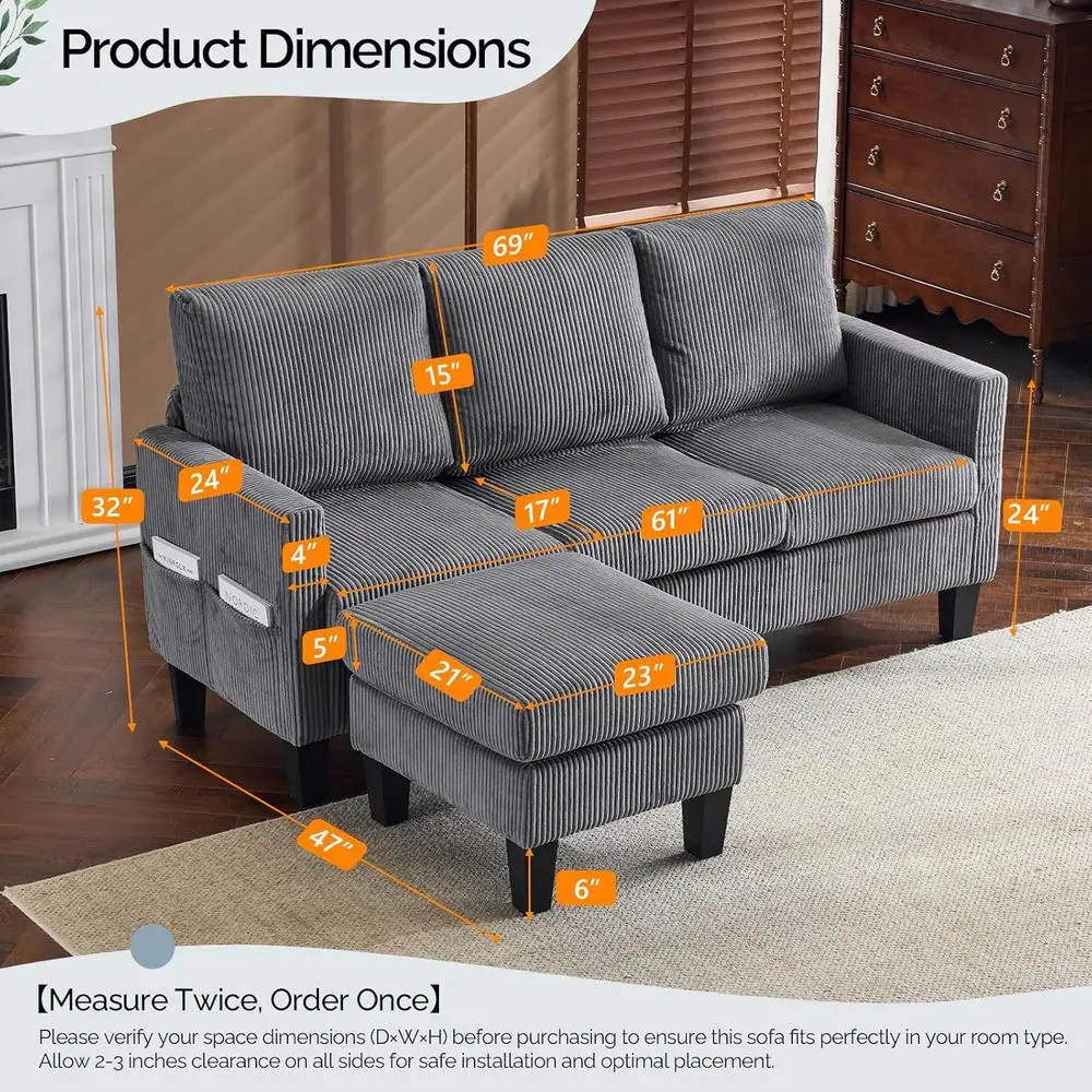 68.5' L Shaped Couch with Movable Storage Ottoman, Convertible Sectional Soa in Sot Corduroy abric, ern Reversible Chaise Couch