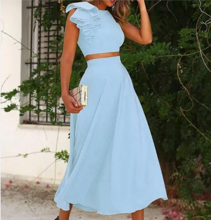 Garnitury damskie lato Crop Top bez rękawów + spódnica 2 sztuka zestaw elegancki żółty kobiety odzież solidny kolor spódnica i najlepsze zestawy