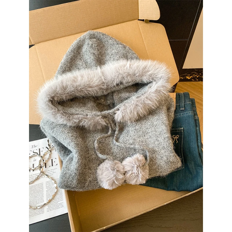 

Hooded Sweater Women Fashion Faux Fur Patchwork Knitted Pullovers Streetwear Korean Grey Knitwears Winter Long Sleeve Jumpers