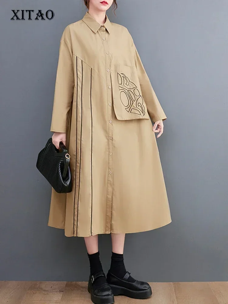 

XITAO Print Patchwork Casual Dress Full Sleeve Loose Simplicity Turn Down Collar Single Breasted Women New Dress DMJ2292
