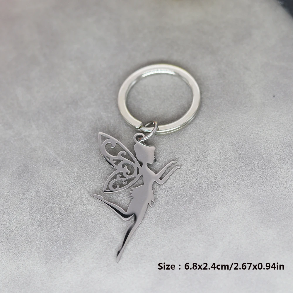 Vintage Elf Fairy Keychain for Women Stainless Steel Cute Angel Wings Pendant Key Ring Girl Gifts Jewelry Decor Bag Accessories