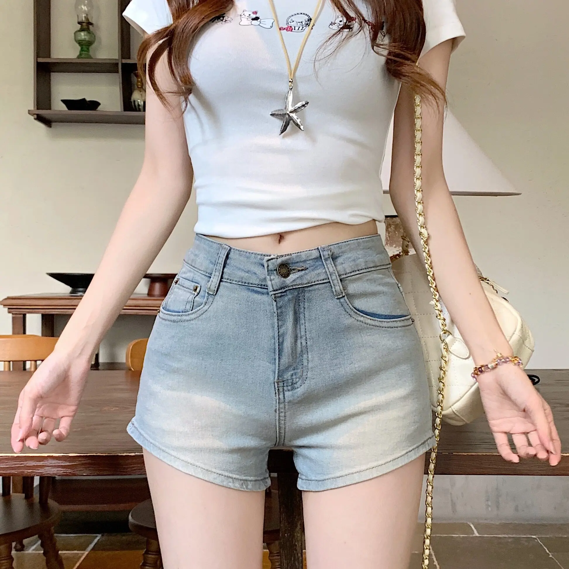 

American Sweet Spicy Girl High Waist Denim Shorts Women Summer Small Size Slimming Trendy All-Match Butt-Hugging Hot Pants