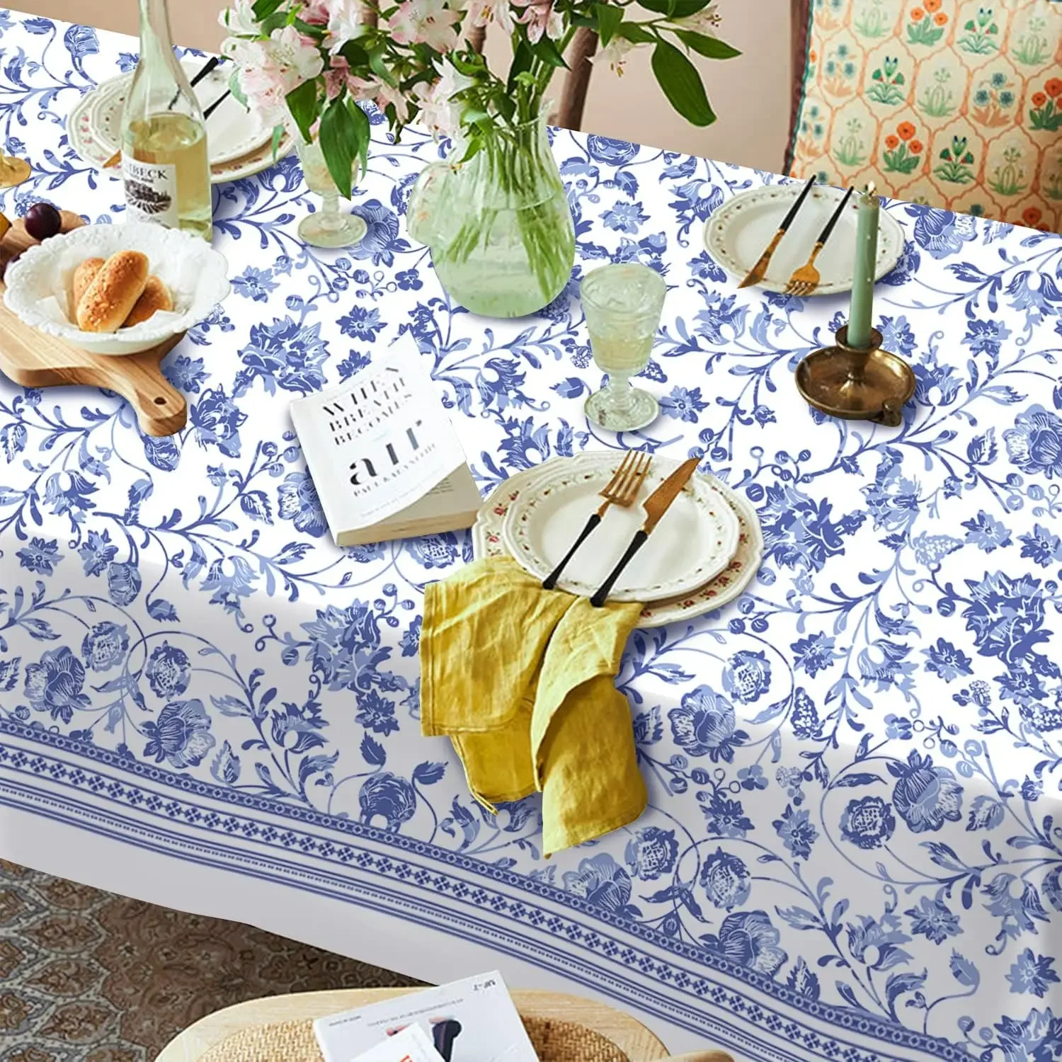 Blue Floral Rustic Rectangle Tablecloth Kitchen Dining Room Decor Waterproof Tablecloth for Table Holiday Party Decorations