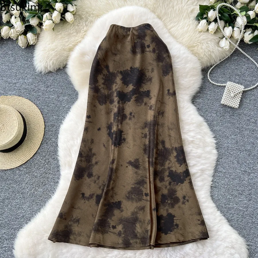 French Fashion Satin Maxi Midi Skirt for Women Summer Skirts New Skinny High Waisted Elegant Retro Ink Printed Fishtail Skirt