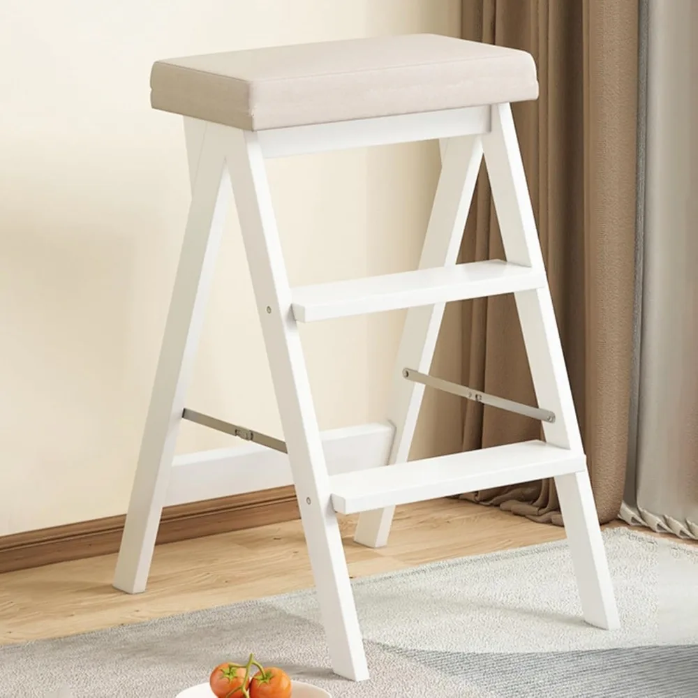 

Wooden Folding Library Ladder Chair, Convertible Folding Chair Step Stool Display Stand, Protable 4-Step Library Ladder for Adu