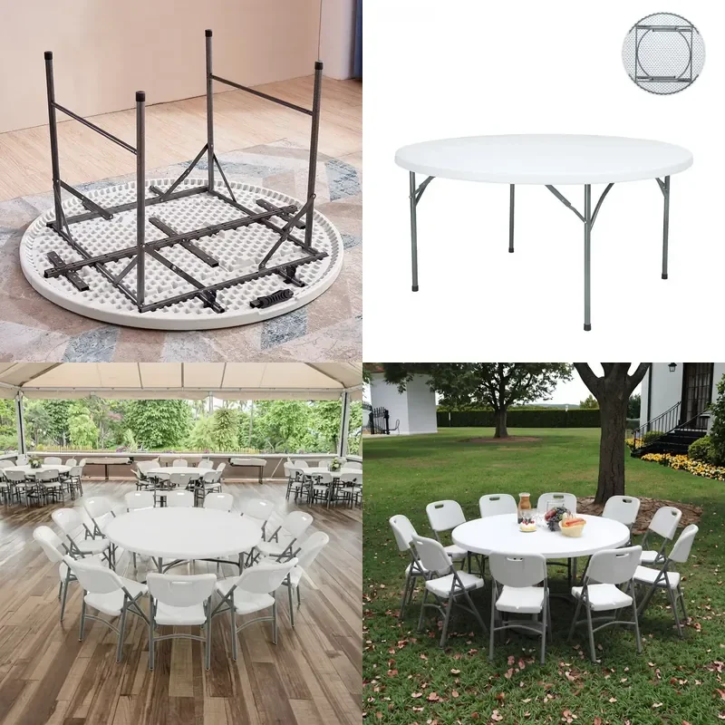 Stylish White 4ft Plastic Round Folding Table HDPE Top Steel Legs for Camping Beach Picnic Wedding Party Outdoor Activities