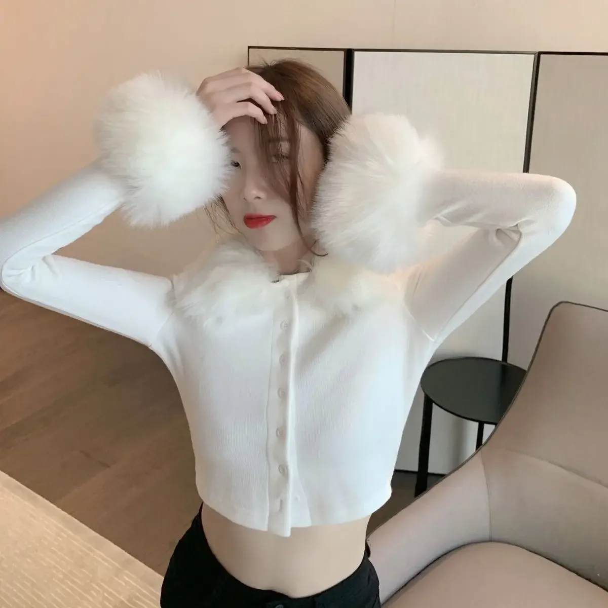 Removable Faux Fur Collar Long Sleeve T Shirt Button Up White T-Shirt Slim Elegant Fall Crop Top Korean Cloth Women y2k Cropped