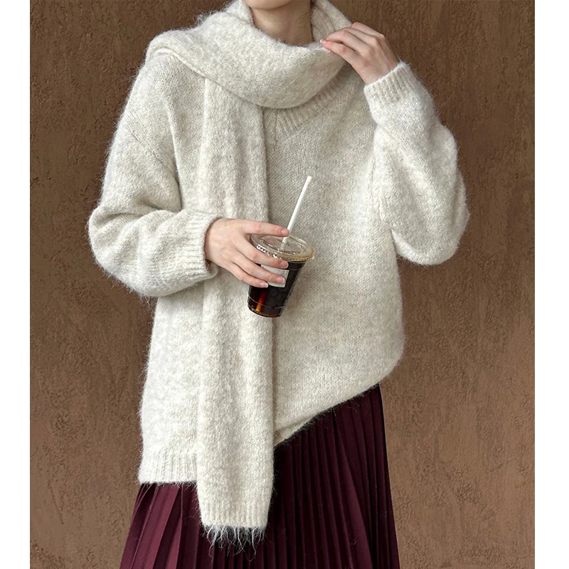 2024 Women Warm 11% Wool Blend Sweater With Scarf Long Sleeve Pullovers Clothes Tops For Women Sweater Pull Femme