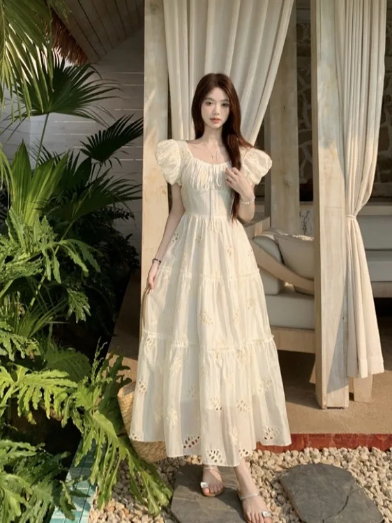 

plus Size Women's Floral Embroidery Bubble Sve Dr Slimming Long Summer Design High Waist Commute Sle Korean Faion