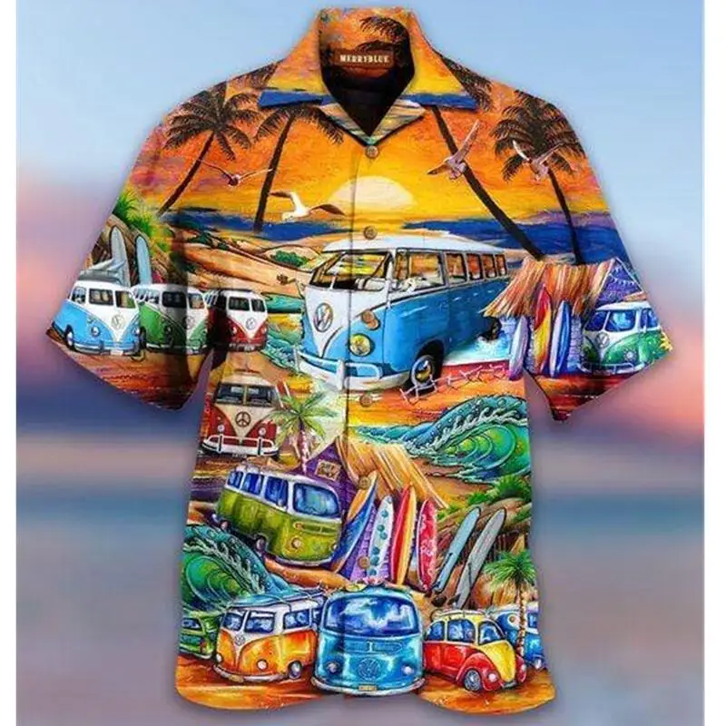 Men's Shirt Vocation Bus 3d Print Shirt Men Fashion Shirts Single-Breasted Short Sleeve Hawaiian Shirt Beach Dart Blouse Clothes