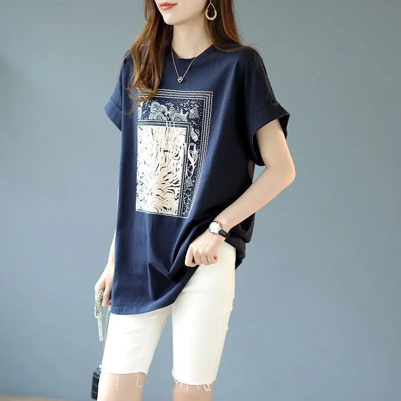 Korean Fashion Summer New Pure Cotton Women\'s O-Neck Printing Letter Simplicity Trend Versatile Loose Short Sleeve T-Shirts Tops