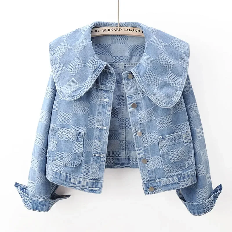 

Women Denim Jacket Navy Collar Jacquard Fashion Long Sleeve Short Jeans Coat Korean Casual Loose Cowboy Outerwear JJ557