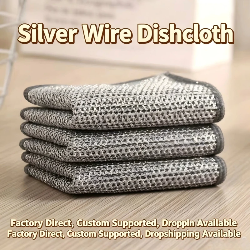 1/10 Pcs Thick Silver Wire Dishwashing Cloth Super Durable and Stain Resistant Kitchen Stove Brush and Pot Cleaning Cloth
